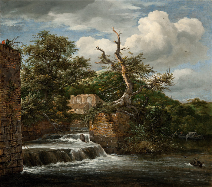 《有磨坊和废墟的风景》雅各布·范·鲁伊斯黛尔（Jacob van Ruisdael）油画-Landscape with a mill-run and ruins