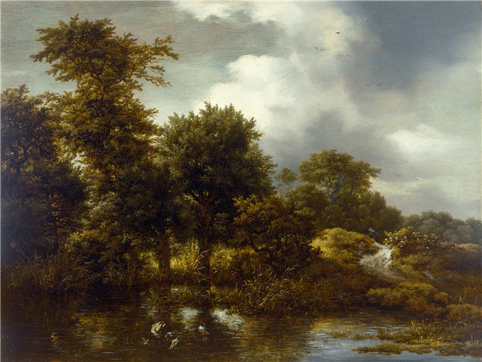《有池塘的树林景观》雅各布·范·鲁伊斯黛尔（Jacob van Ruisdael）油画-A Wooded Landscape with a Pond