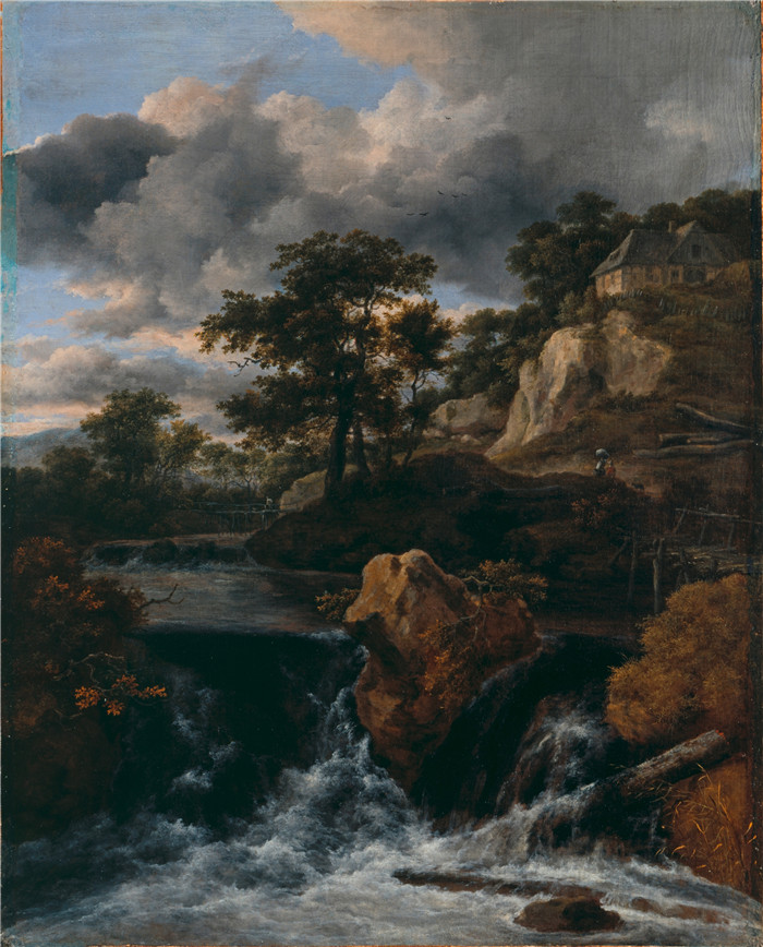 《山景与瀑布》雅各布·范·鲁伊斯黛尔（Jacob van Ruisdael）油画- Huegellandschaft mit Wasserfall