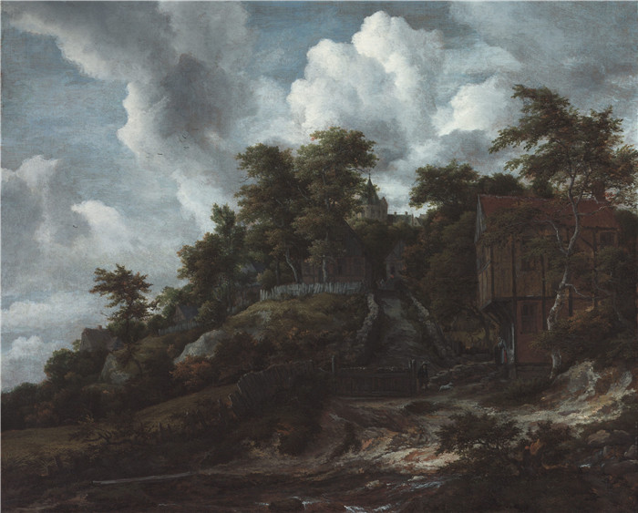 《树木繁茂的山坡》雅各布·范·鲁伊斯黛尔（Jacob van Ruisdael）油画-Wooded hillside with a view of Bentheim Castle