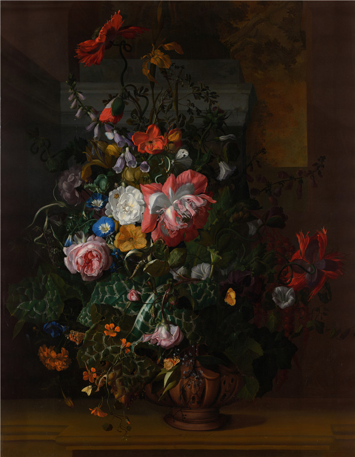 《石崖上瓮里的玫瑰、旋花、罂粟》雷切尔·鲁伊施 （Rachel Ruysch） 的画作-Roses, Convolvulus, Poppies