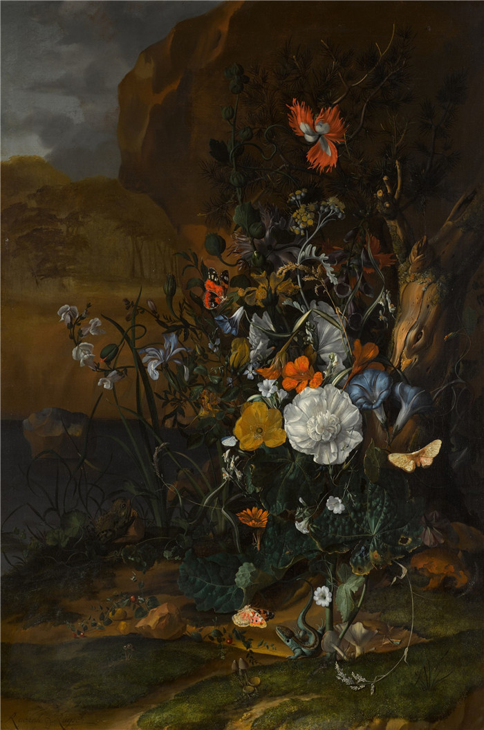 《池塘旁，花朵静物》雷切尔·鲁伊施 （Rachel Ruysch） 的画作-Still life of flowers