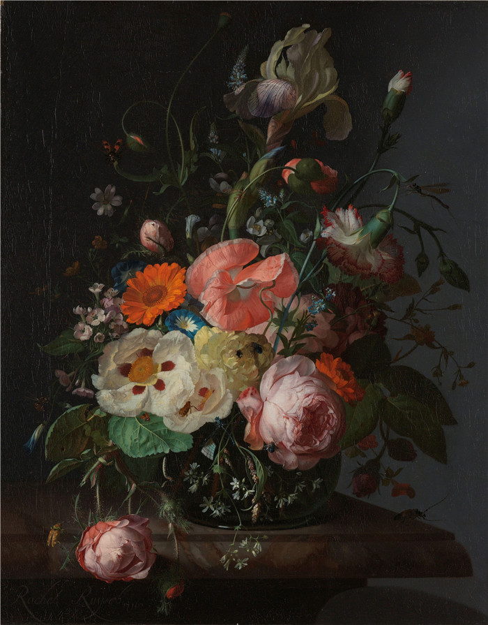 《鲜花静物》雷切尔·鲁伊施 （Rachel Ruysch） 的画作-Stilleven met bloemen op een marmeren tafelblad