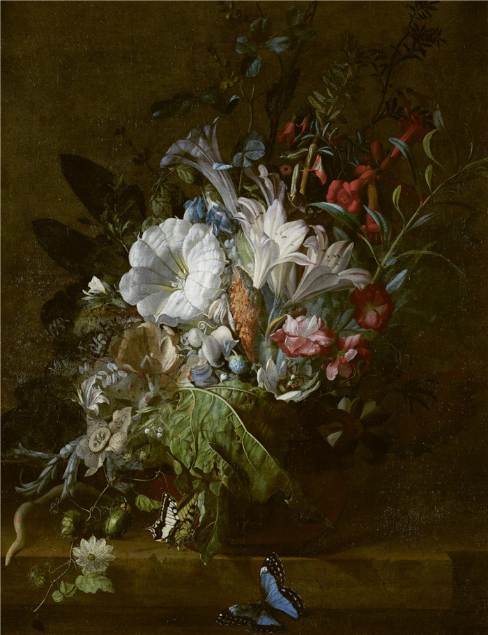 《蝴蝶与鲜花静物》雷切尔·鲁伊施 （Rachel Ruysch） 的画作-Blumenstillleben mit Schmetterlingen