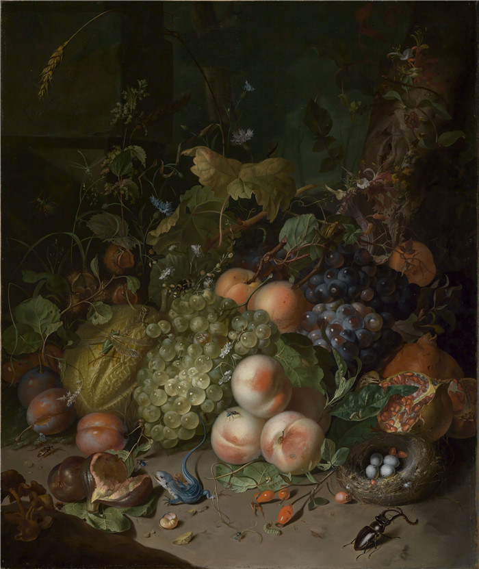 《水果棒与鹿虫和巢》雷切尔·鲁伊施 （Rachel Ruysch） 的画作-Fruchtstilleben mit Hirschkäfer und Nest