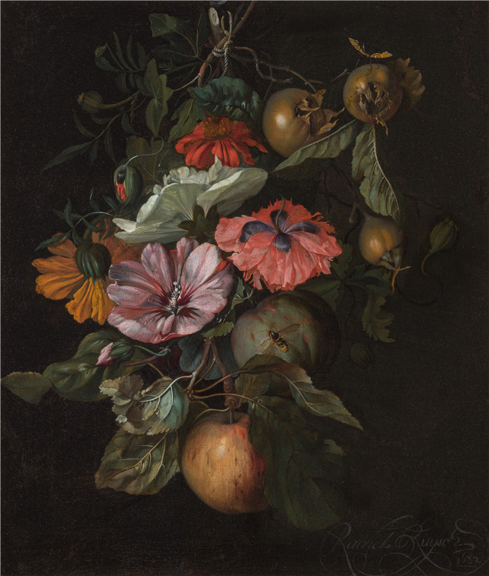 《挂在钉子上的鲜花》雷切尔·鲁伊施 （Rachel Ruysch） 的画作-Festoon of flowers hanging on a nail