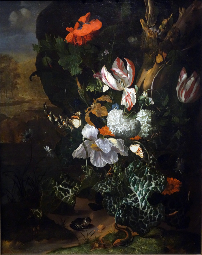 《花与动物》雷切尔·鲁伊施 （Rachel Ruysch） 的画作-Flowers and Animals