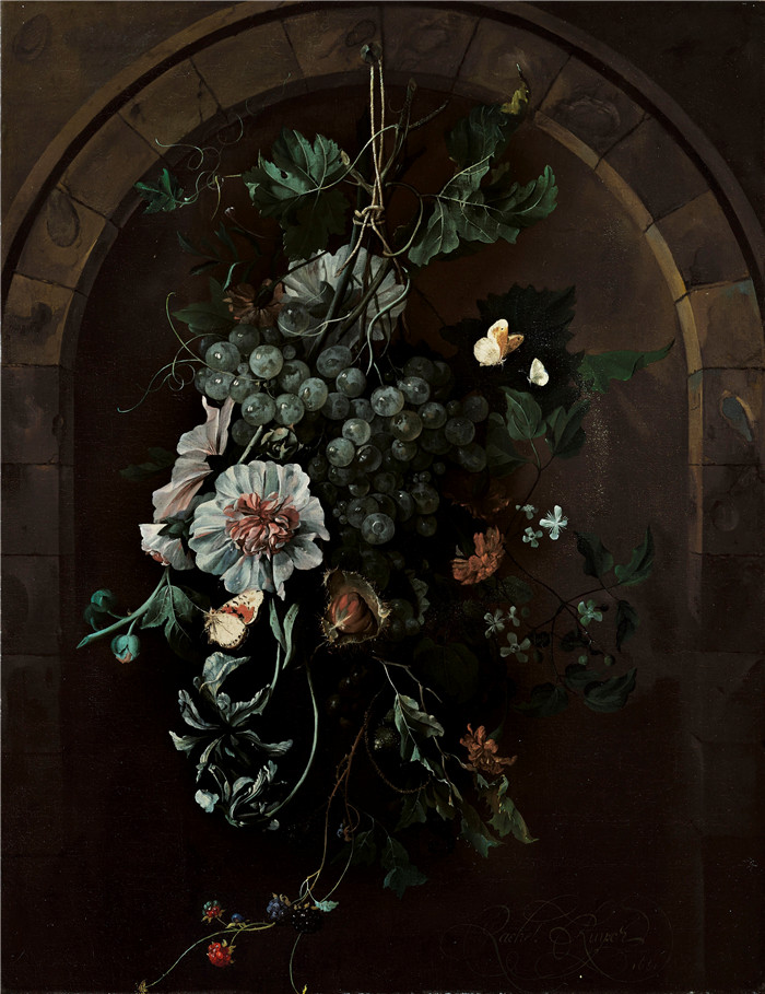 《一堆水果和鲜花悬挂在石拱门前》雷切尔·鲁伊施 （Rachel Ruysch） 的画作