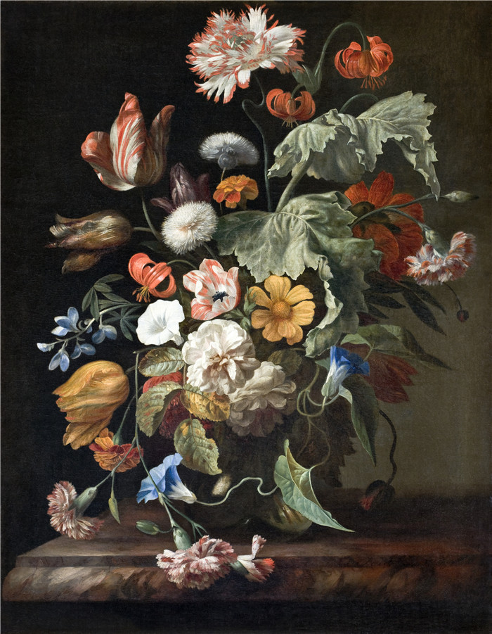 《花束》雷切尔·鲁伊施 （Rachel Ruysch） 的画作-Blomsterstycke.   Hallwylska museet
