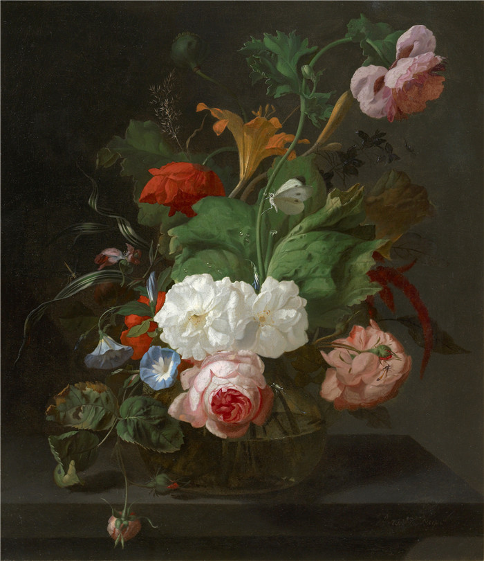 《花瓶里的夏日花朵》雷切尔·鲁伊施 （Rachel Ruysch） 的画作-Summer flowers in a vase