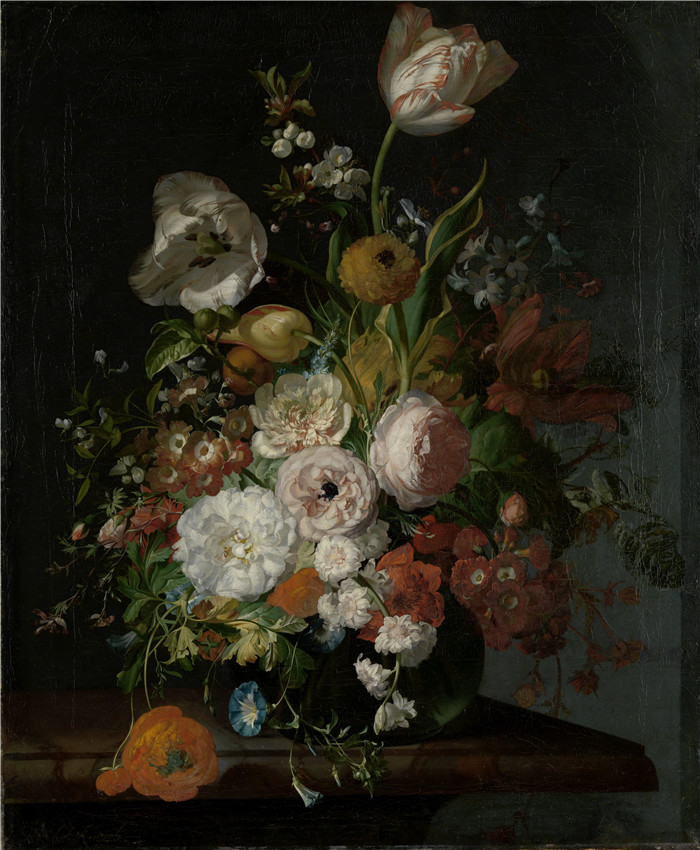 《静物与花》雷切尔·鲁伊施 （Rachel Ruysch） 的画作-Stilleven met bloemen in een glazen vaas, SK-A-354