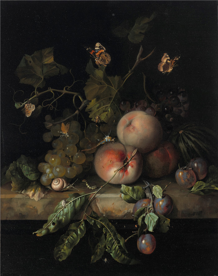《桃子、葡萄和李子》雷切尔·鲁伊施 （Rachel Ruysch） 的画作-peaches grapes and plums with a dragonfly snail caterpil