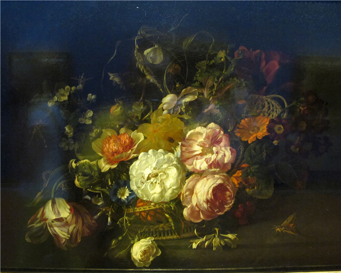 《花朵和昆虫》雷切尔·鲁伊施 （Rachel Ruysch） 的画作-natura morta con fiori e insetti, 1711, 02