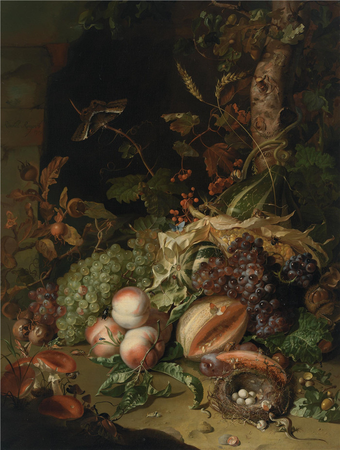 《水果》雷切尔·鲁伊施 （Rachel Ruysch） 的画作-Früchtestück