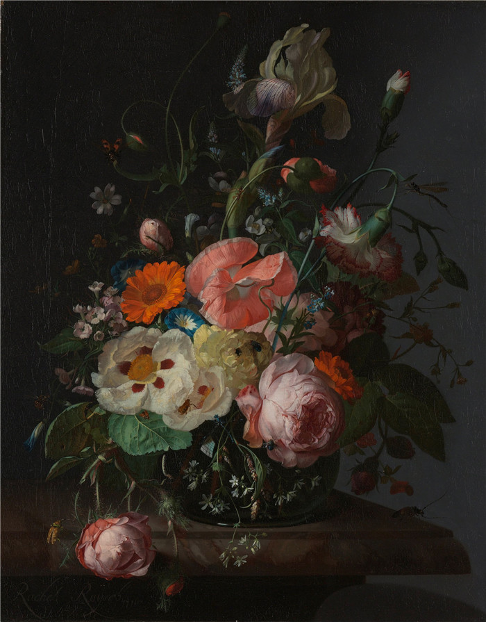 《大理石桌面上有花的静物画》雷切尔·鲁伊施 （Rachel Ruysch） 的画作-Still life with flowers on a marble tabletop
