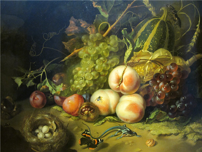 《水果和昆虫》雷切尔·鲁伊施 （Rachel Ruysch） 的画作-natura morta con frutta e insetti, 1711, 02