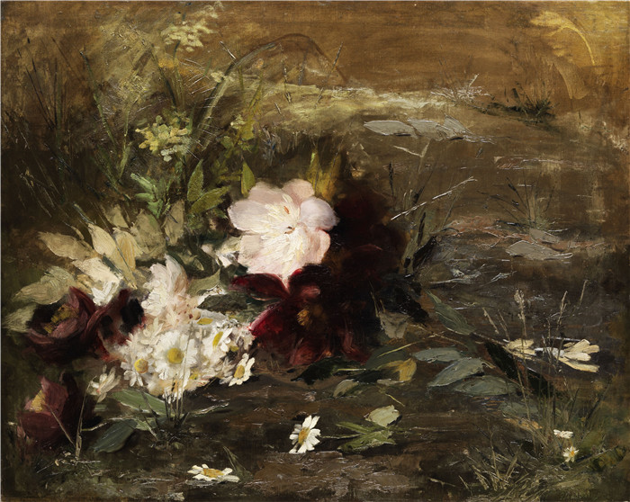 《海玫瑰花和玛格丽特在岸上》桑德·巴克胡岑(Gerardine van de Sande Bakhuyzen)的画作-Seerosen bloemen en Margrieten op de wal