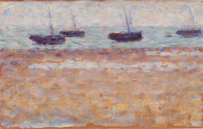 乔治·修拉（Georges Seurat）高清作品-格兰德坎普的四艘船Four Boats at Grandcamp (Quatre bateaux à Grandcamp)
