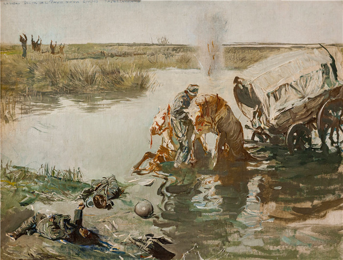 《皮亚韦河三角洲的囚犯围捕》朱利奥·阿里斯蒂德·萨尔托里奥(Giulio Aristide Sartorio)的绘画-（Prisoner roundup in the Piave River Delt