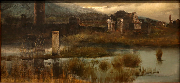 《宁芙的景色》朱利奥·阿里斯蒂德·萨尔托里奥(Giulio Aristide Sartorio)的绘画-veduta di ninfa, 1890 