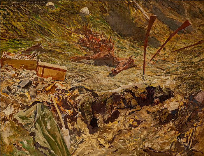 《穆西莱附近废弃的奥地利战壕》朱利奥·阿里斯蒂德·萨尔托里奥(Giulio Aristide Sartorio)的绘画-Abandoned Austrian trench near Musile (1