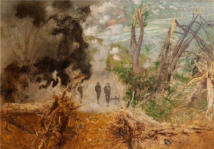 《蒙特罗战役现场》朱利奥·阿里斯蒂德·萨尔托里奥(Giulio Aristide Sartorio)的绘画-Scene of the Battle of Montello (1918)