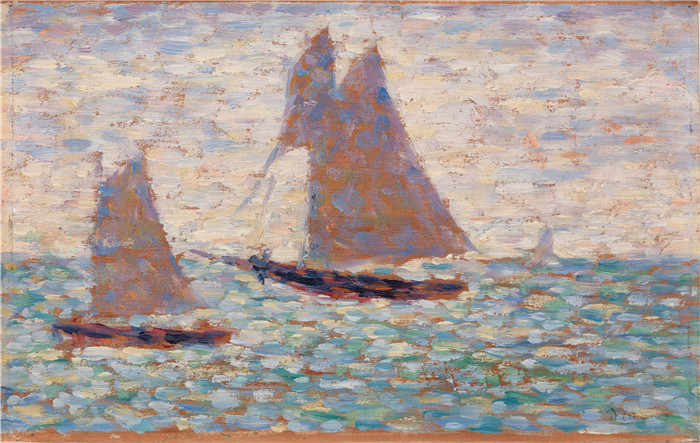《两艘帆船》乔治·修拉(Georges Seurat)高清作品-Two Sailboats at Grandcamp (Deux voiliers à Grandcamp)