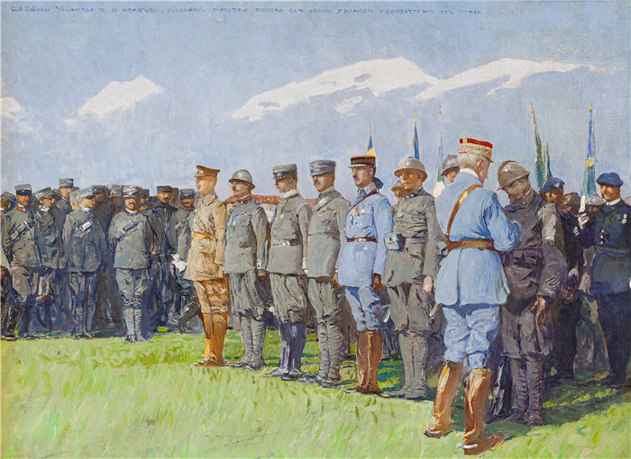 《梅斯特将军授予士兵法国奖章》朱利奥·阿里斯蒂德·萨尔托里奥(Giulio Aristide Sartorio)的绘画-General Maistre awards soldiers with Fre