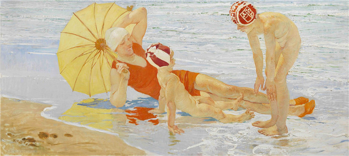 《海边的早晨》朱利奥·阿里斯蒂德·萨尔托里奥(Giulio Aristide Sartorio)的绘画-Morning by the sea (1927)