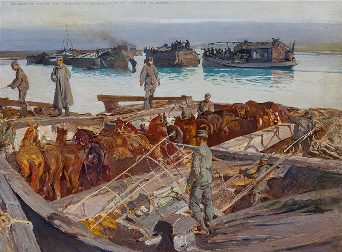 《河口的部队调动》朱利奥·阿里斯蒂德·萨尔托里奥(Giulio Aristide Sartorio)的绘画-Troop movements in the estuary (1918)