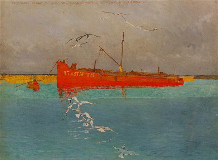 《威尼斯泻湖中的弹药驳船》朱利奥·阿里斯蒂德·萨尔托里奥(Giulio Aristide Sartorio)的绘画-Ammunition barge in the Venetian lagoon (1