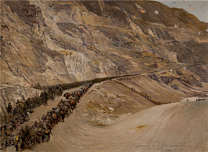 《山谷的部队部署》朱利奥·阿里斯蒂德·萨尔托里奥(Giulio Aristide Sartorio)的绘画-Troop deployments in the Frenzela Valley (1917