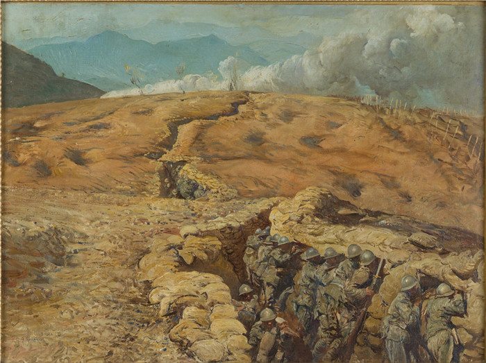 《先驱》朱利奥·阿里斯蒂德·萨尔托里奥(Giulio Aristide Sartorio)的绘画-Italian trenches on the Vodice awaiting an attack (