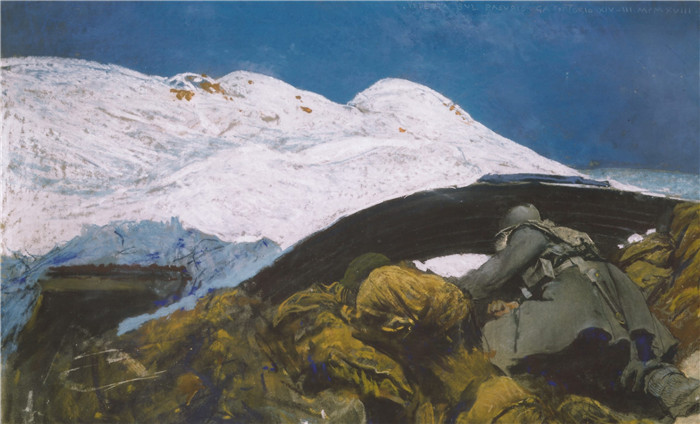 《帕苏比奥的军事了望台》朱利奥·阿里斯蒂德·萨尔托里奥(Giulio Aristide Sartorio)的绘画-Military lookout on the Pasubio (1918)