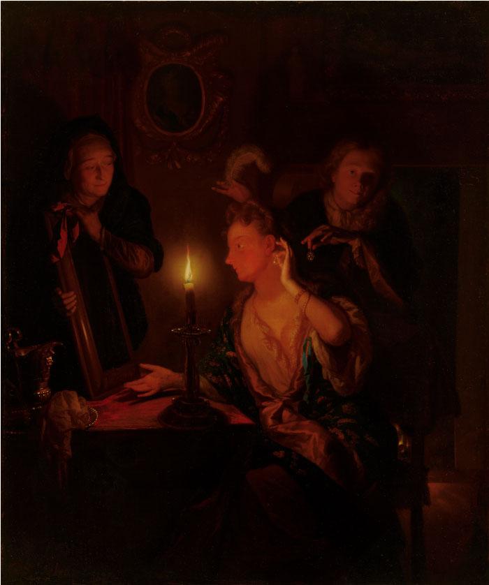 《贝丝·科泽利希特女士》戈弗里德·沙尔肯(Godefridus Schalcken)画作-Dame bei Kerzenlicht vor einem Spiegel