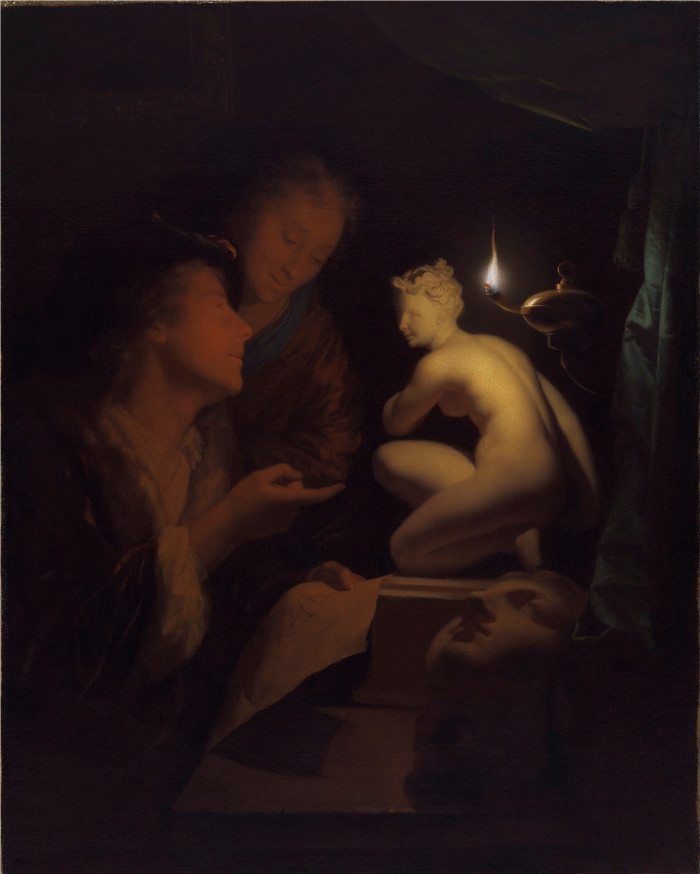《研究金星雕像的年轻男女》戈弗里德·沙尔肯(Godefridus Schalcken)画作-Young Man and Woman Studying a Statue of Venus
