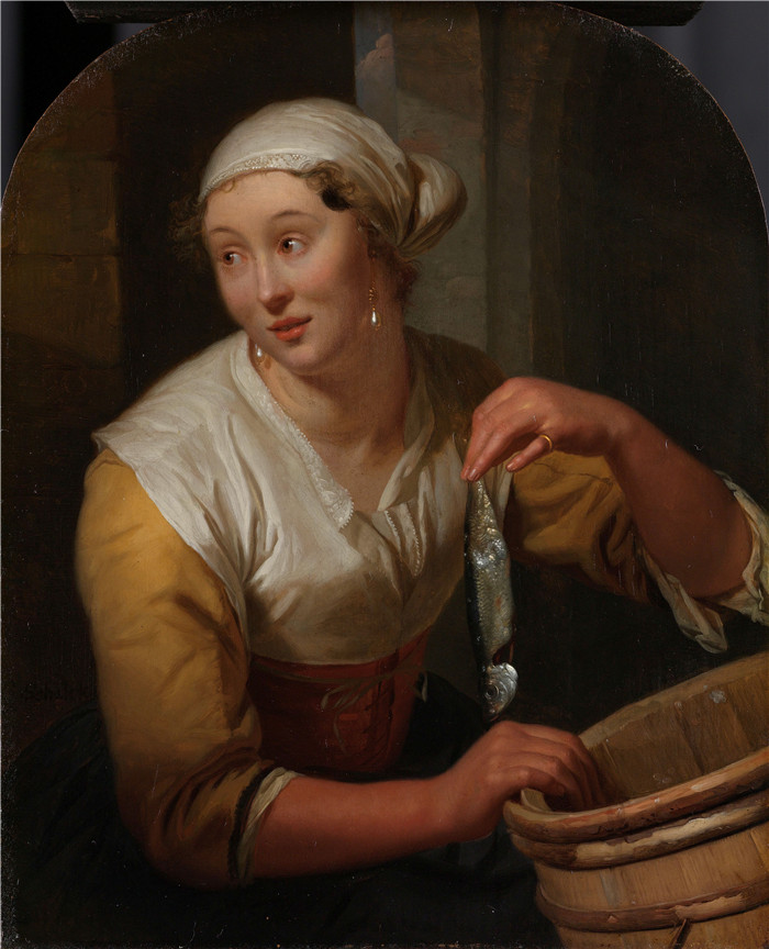 《卖头发的女售货员》戈弗里德·沙尔肯(Godefridus Schalcken)画作-De haringverkoopster Rijksmuseum SK-A-2340
