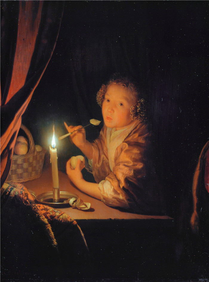 《女孩正要咬一口苹果》戈弗里德·沙尔肯(Godefridus Schalcken)画作-Girl about to take a bite of a piece of apple