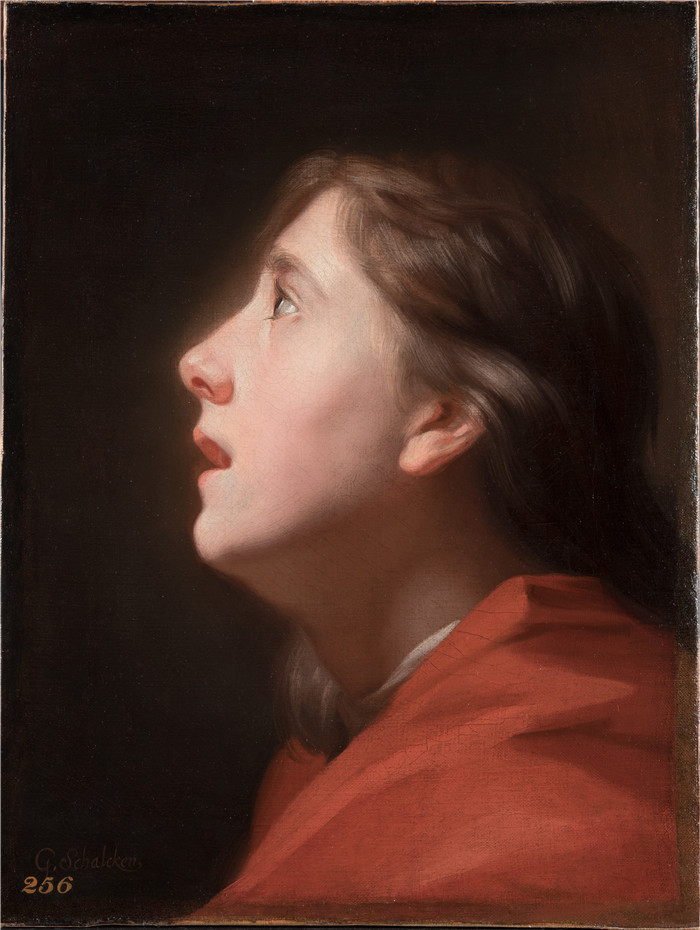 《一个男孩抬头看的头部特写》戈弗里德·沙尔肯(Godefridus Schalcken)画作-Studie van het hoofd van een jongen die omhoog kijkt