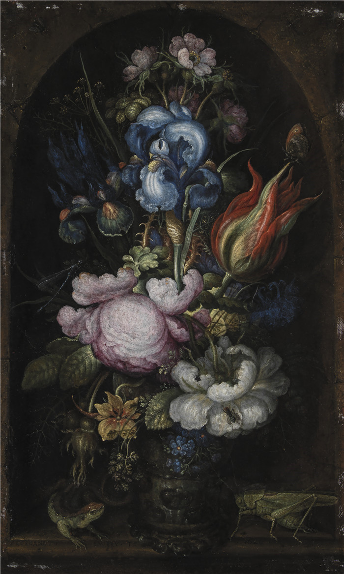 《石壁中的花束》罗兰德·萨弗里（Roelant Savery）画作-Blomsterbuket i en stenniche, 1620