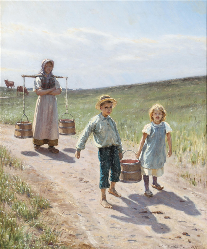 《一个送奶员和两个孩子带来了新鲜牛奶》延森（Niels Frederik Schiøttz-Jensen）画作-En malkepige og to børn bringer frisk mælk  