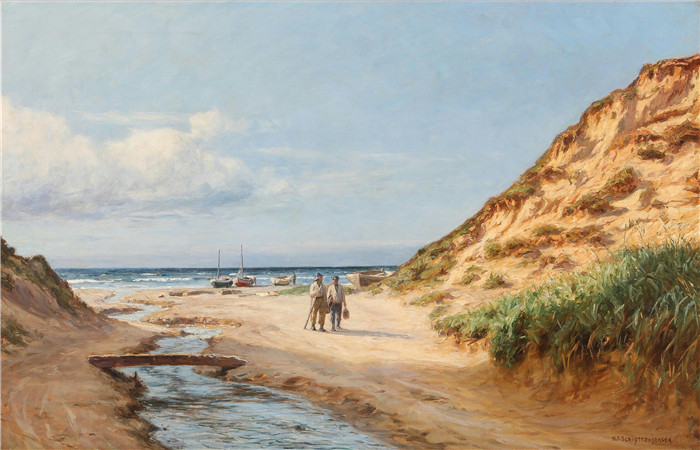 《来自隆斯特鲁普的渔民》延森（Niels Frederik Schiøttz-Jensen）画作-Strandparti fra Lønstrup med fiskere