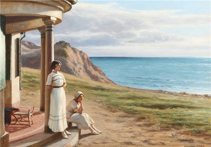 《穿着浅色夏日连衣裙的年轻女子们眺望着大海》延森(Niels Frederik Schiøttz-Jensen)画作