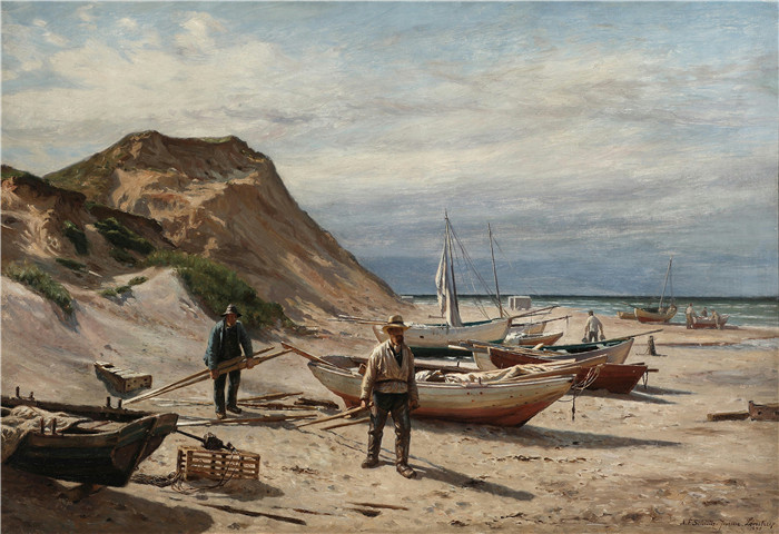 《西海海滩上的渔民》延森（Niels Frederik Schiøttz-Jensen）画作-Fiskere på stranden ved Vesterhavet, Lønstrup   1898