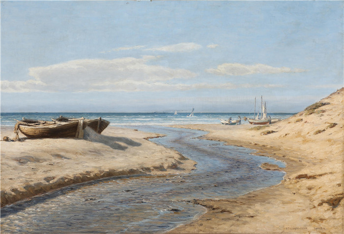 <海岸的景色,沙滩上有停泊的渔船延森(Niels Frederik Schiøttz-Jensen)画作