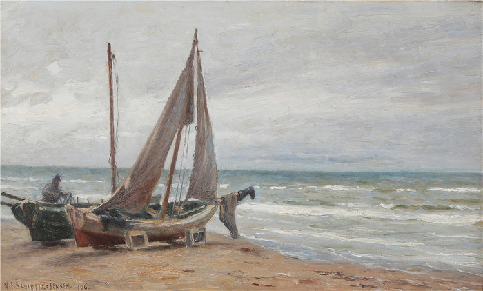 《与渔船一起的海峡部分，北海》延森（Niels Frederik Schiøttz-Jensen）画作-Strandparti med fiskerbåde, Vesterhavet   1906