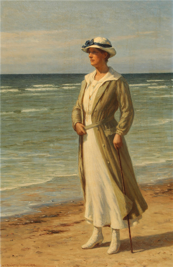 《一位身着白色连衣裙的女子从海中探出头来》延森（Niels Frederik Schiøttz-Jensen）画作-En kvinde i hvid kjole spejder ud over hav