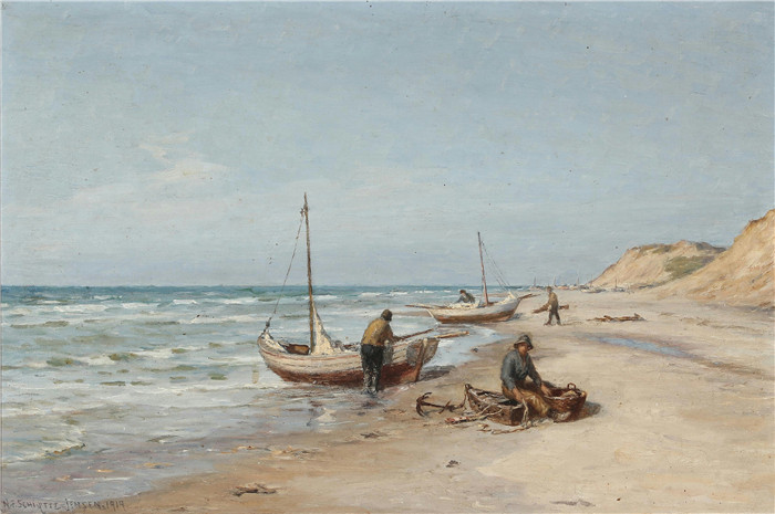 《海滩上的鱼》延森(Niels Frederik Schiøttz-Jensen)画作-Fiskere på stranden 1919