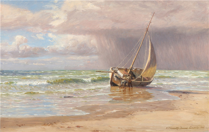 《来自隆斯特鲁普的渔民在海滩上与他们的渔船在一起》延森（Niels Frederik Schiøttz-Jensen）画作