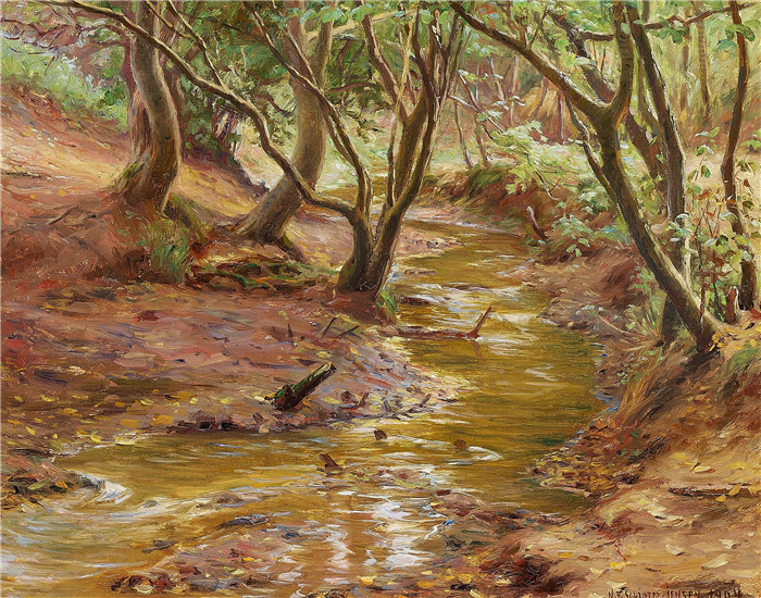 《在森林的地面上奔跑》延森（Niels Frederik Schiøttz-Jensen）画作-Åløb i en skovbund   1904